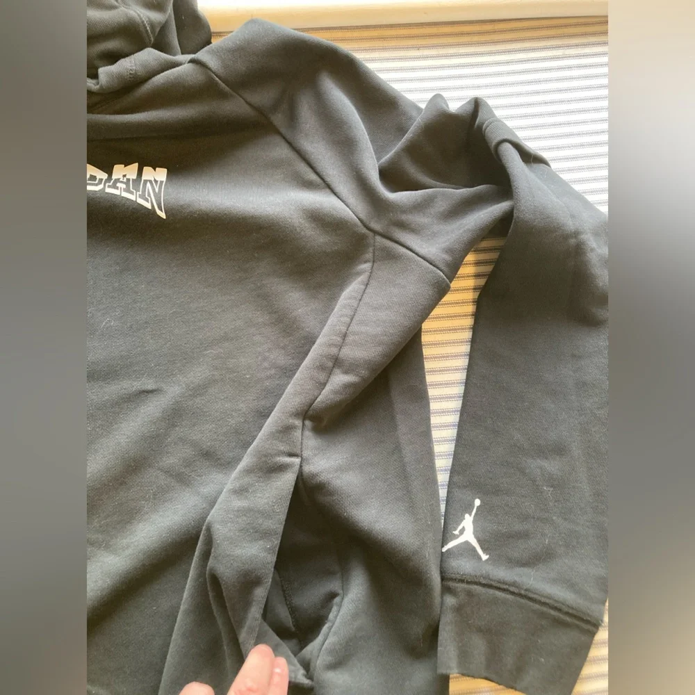 Jordan Men’s Black Hoodie with Teal Graphic and Front Pockets, Size Large